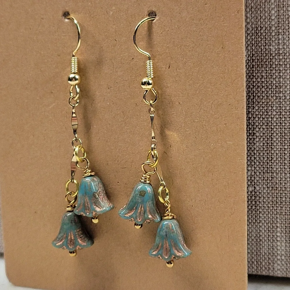 Blue Lily Flower Dangle Drop Earrings Handmade Beaded Whimsical Fairy Boho NEW